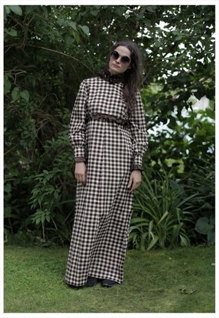 VINTAGE 40'S MAXI TARTAN HIGH COLLAR DRESS