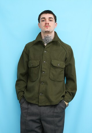 VINTAGE KHAKI WOOL ARMY MILITARY SHIRT JACKET