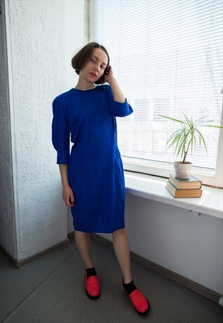 VINTAGE 80'S ROYAL BLUE TEXTURED MIDI DRESS