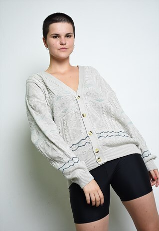 80'S RETRO ABSTRACT KNIT CHUNKY OVERSIZED DADS CARDIGAN