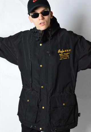 VINTAGE 80S BLACK EMBROIDERED SHELL PARKA COAT