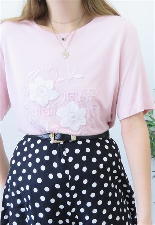 RETRO 90S VINTAGE LIGHT PINK FLORAL EMBROIDERED TOP