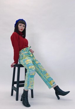 Handmade Reworked Pastel Fruit High Waist Tapered Trousers