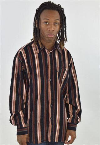 VINTAGE BLACK ORANGE CORD CORDUROY 90S STRIPED SHIRT