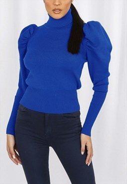 High Neck Puff Sleeve Ribbed Jumper In Royal Blue