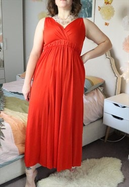 Vintage 70s Red Flowy Gathered Draped Maxi Plunge Dress Gown