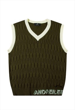 Textured V neck sleeveless sweater cable knitted vest green