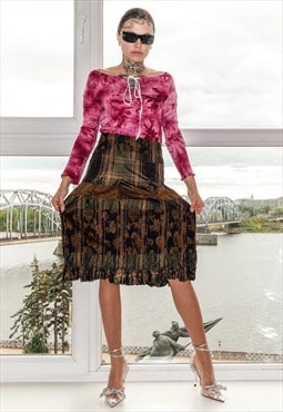 90's Vintage textured midi skirt in brown tones