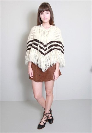 VINTAGE 1970'S DARK BROWN AND CREAM STRIPE PONCHO