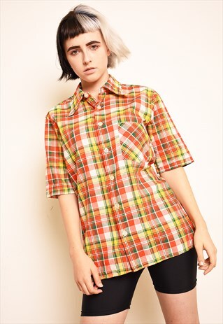 VINTAGE 70'S RETRO CHECKED PLAID OVERSIZED BLOUSE TOP