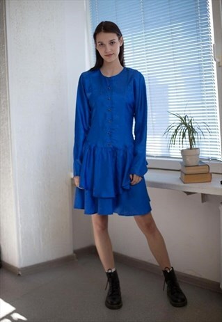 VINTAGE 80'S BLUE LONG SLEEVED FRILL BOTTOM DRESS