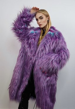 Neon faux fur long coat shaggy trench bright raver bomber
