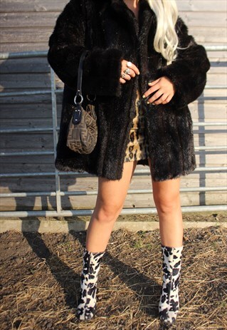 VINTAGE 1970S GLOSSY DARK BROWN FAUX FUR JACKET