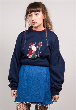 VINTAGE 90'S BLUE SANTA EMBROIDERED CHRISTMAS SWEATSHIRT