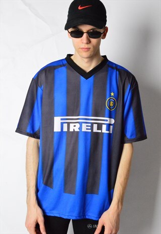 VINTAGE 90S BLUE BLACK STRIPED ITALY INTER FOOTBALL JERSEY