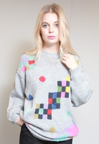 VINTAGE 1980'S AMAZING OVERSIZED GREY PATTERN JUMPER