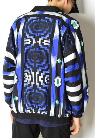 VINTAGE 90S BLUE STRIPED AZTEC PRINT TRACK JACKET