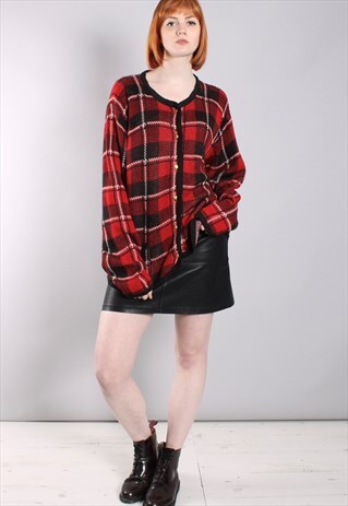VINTAGE 80S RED TARTAN CHECK OVERSIZE CARDIGAN