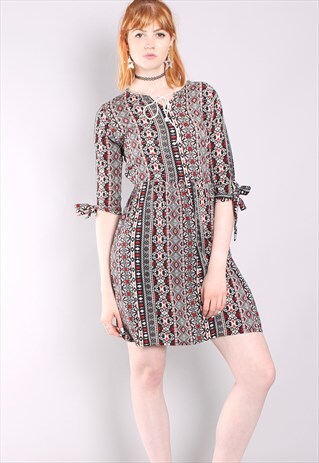 VINTAGE 70S ABSTRACT PATTERNED BOHO DRESS