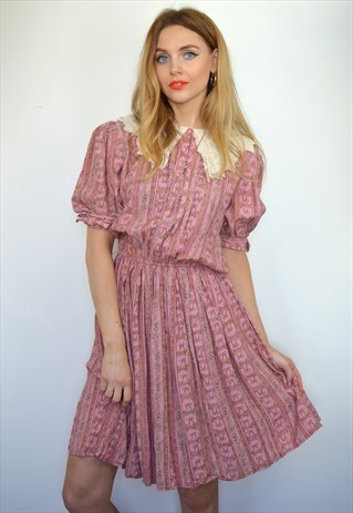 VINTAGE 70S PINK PATTERN & WHITE COLLAR MINI DRESS