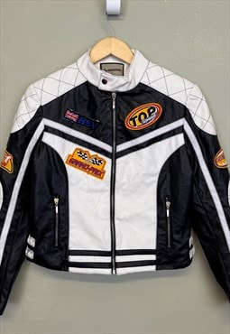 Vintage Y2K Racing Leather Style Jacket Multicolour Zip Up