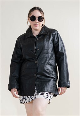 Vintage 90s Grunge Button Up Leather Jacket in Black M/L
