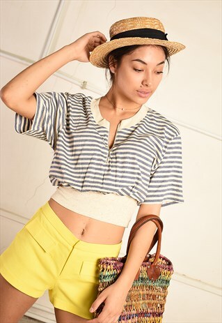 90'S RETRO NAUTICAL STRIPED PARIS CHIC CROP TOP