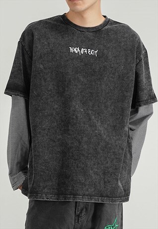 BLACK GRAFITTI LAYERED WASHED LONG SLEEVE T SHIRT TEE Y2K