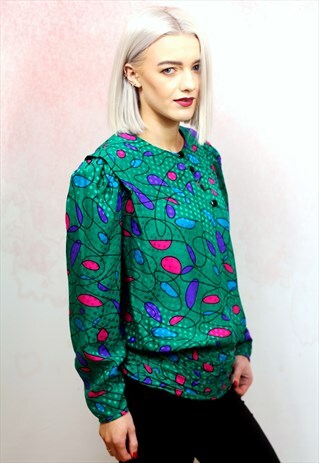 1980S VINTAGE GREEN OVERSIZED SILKY BUTTON UP BLOUSE