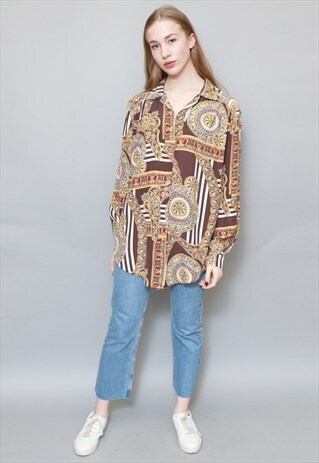 VINTAGE 1990'S BROWN ABSTRACT PATTERN OVERSIZED SHIRT