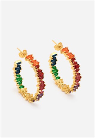 GOLD RAINBOW HOOP EARRINGS WITH COLOURFUL STONES - 2.5CM