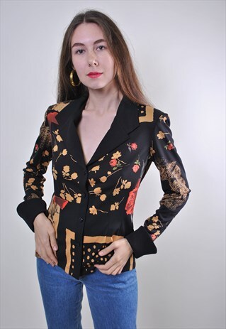 VINTAGE FLOWERS PRINT WOMAN BLACK EVENING BLOUSE