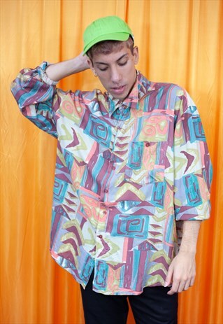 VINTAGE 80S SHIRT PINK PURPLE BLUE GEOMETRIC LONG SLEEVED