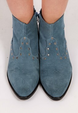 vintage blue suede silver studded ankleboots  cowboy western