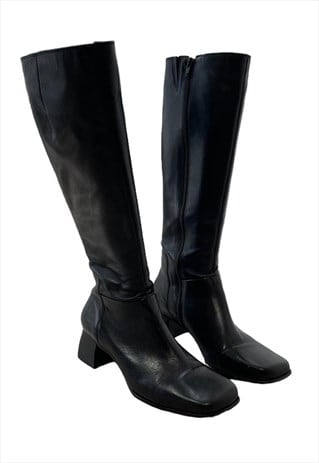 Vintage 90's Leather Boots Square Toe Black