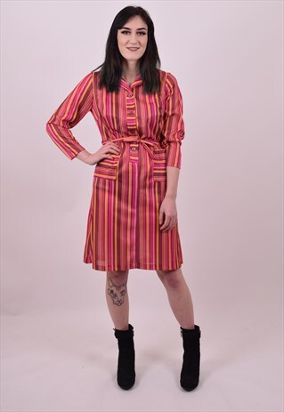 VINTAGE 70'S PINK STRIPE DAY DRESS SIZE 10 TO 12