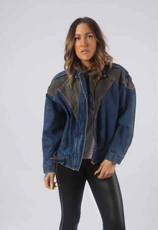 VINTAGE DENIM JACKET OVERSIZED LEATHER UK 12 MEDIUM (GB3K)