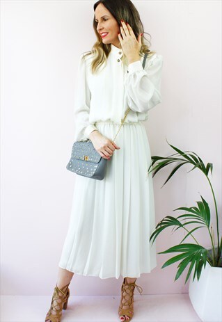 VINTAGE 80'S CLASSIC SATIN TRIM CHIFFON PLEATED MAXI DRESS