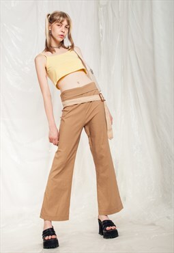 Vintage Flare Trousers 90s High Rise Stretchy Pants in Brown