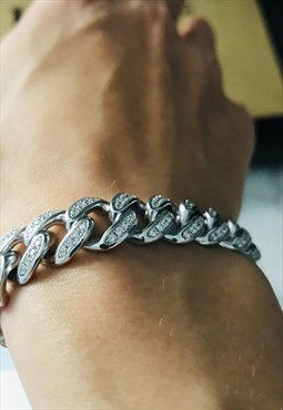 Solid 925 Sterling SilverIced Out Cuban Link Chain Bracelet 