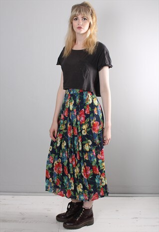 VINTAGE 80S FLORAL PATTERNED PLEAT CHIFFON MIDI SKIRT