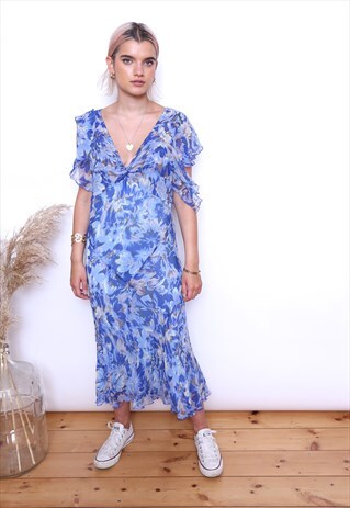 VINTAGE Y2K BLUE FLORAL SUMMER SLIP MIDI DRESS