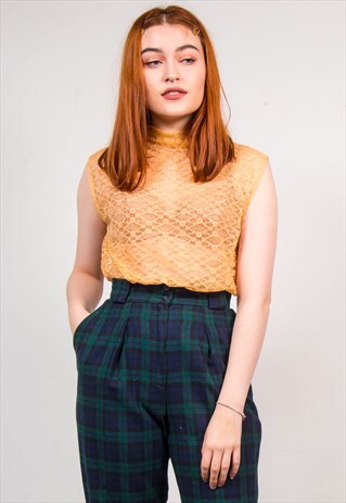 VINTAGE 90'S LACE PATTERN SHEER ORANGE VEST TOP BLOUSE