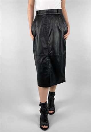80's Vintage Ladies Soft Black Leather Pencil Midi Skirt