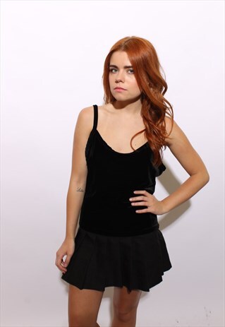 VINTAGE 1990'S 90'S BLACK VELVET TANK TOP VEST CAMISOLE M-L