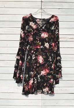 Vintage black/burgundy floral gypsy bell sleeve dress
