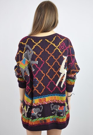 VINTAGE ELEPHANT PATTERNED OVERSIZE EMBELLISHED JUMPER