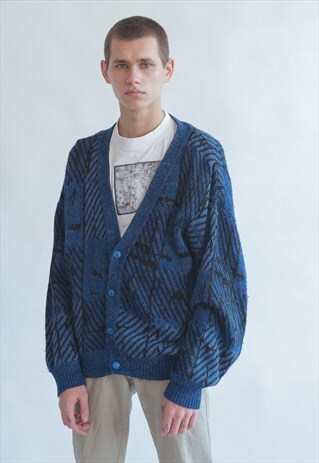 VINTAGE 80S FUNKY CARDIGAN IN BLUE WOOL