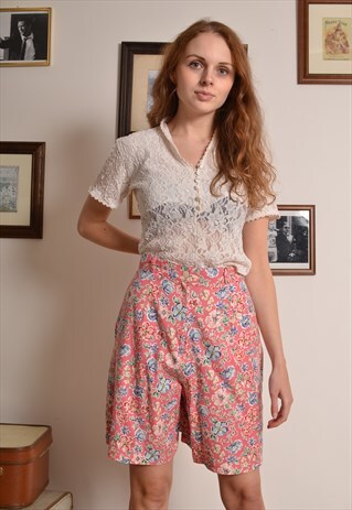 VINTAGE 80S FLORAL PATTERN SKORT SHORTS SKIRT IN PINK