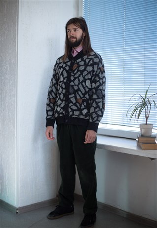 VINTAGE 90'S BLACK/GREY PATTERNED KNITTED CARDIGAN